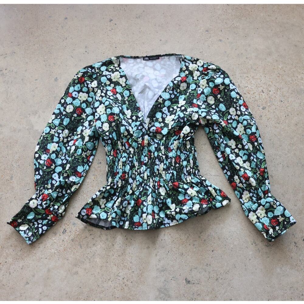 Romantic Floral Smocked Peplum Blouse Puff Sleeve Cottagecore Zara Top Small